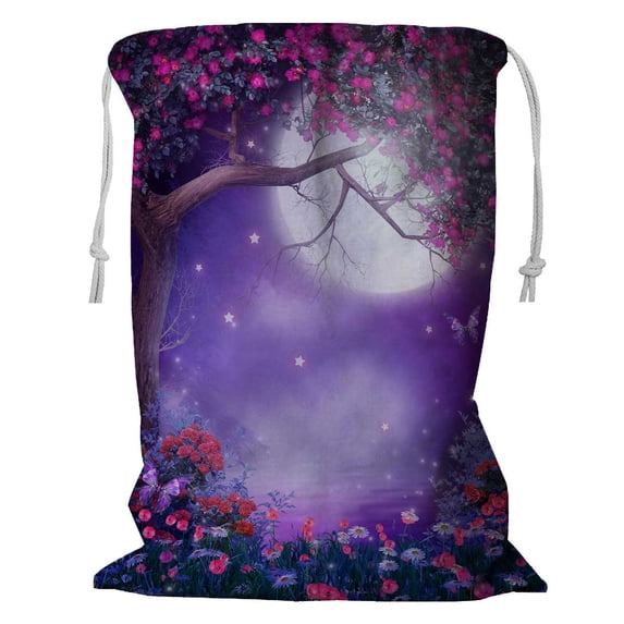 PKQWTM Purple Scenery With A Flowering Tree And Colorful Shrubs Storage Basket Laundry Bag with Drawstring Size 18x24 Inch