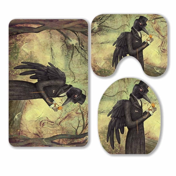 PKQWTM Raven In The Forest 3 Piece Bathroom Rugs Set Bath Rug Contour Mat and Toilet Lid Cover