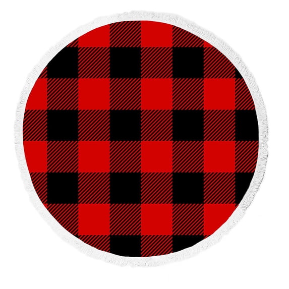 PKQWTM Red And Black Lumberjack Plaid Pattern Round Beach Towel Beach Mats Shawl Blanket Yoga Mat with Tassels Beach Throw Towel