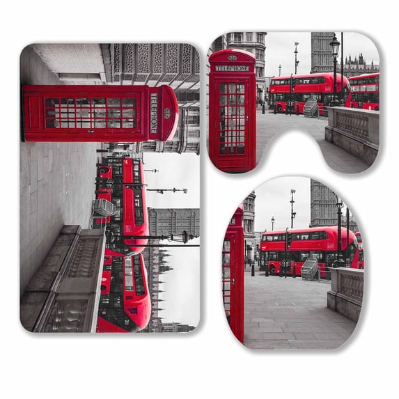PKQWTM Red Buses Phone Box 3 Piece Bathroom Rugs Set Bath Rug Contour Mat and Toilet Lid Cover