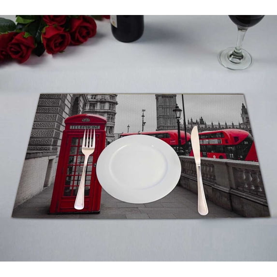 PKQWTM Red Buses Phone Box Kitchen Dining Table Mats Placemats Size 12x18 Inches, Set of 2 Pieces