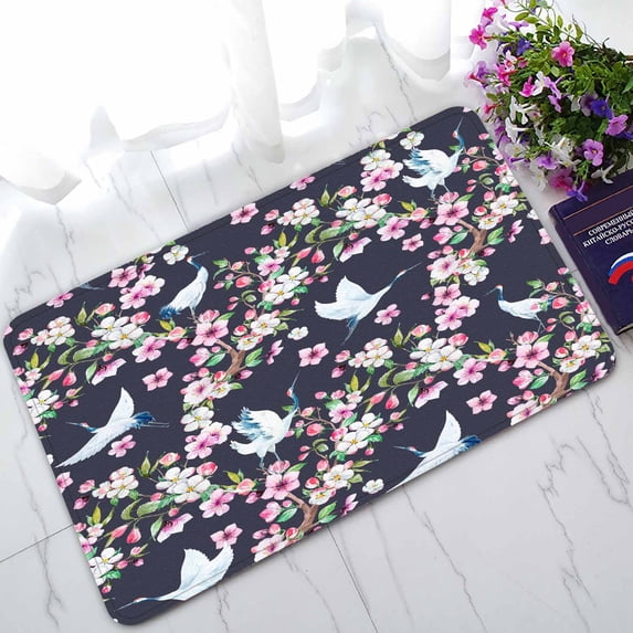 PKQWTM Red Heads Crane Blooming Branch Of Cherry Home Decor Floor Mat Area Rug Doormat Size 18x30 Inches