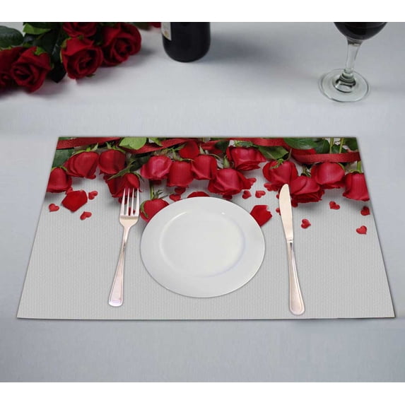 PKQWTM Red Roses Heart Shape Ornaments White Kitchen Dining Table Mats Placemats Size 12x18 Inches, Set of 2 Pieces