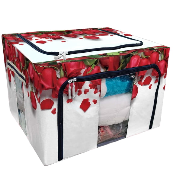 PKQWTM Red Roses Heart Shape Ornaments White Storage Bag Clear Window Storage Bins Boxes Large Capacity Foldable Stackable Organizer With Steel Metal Frame For Bedding,Clothes,Closets, Bedrooms