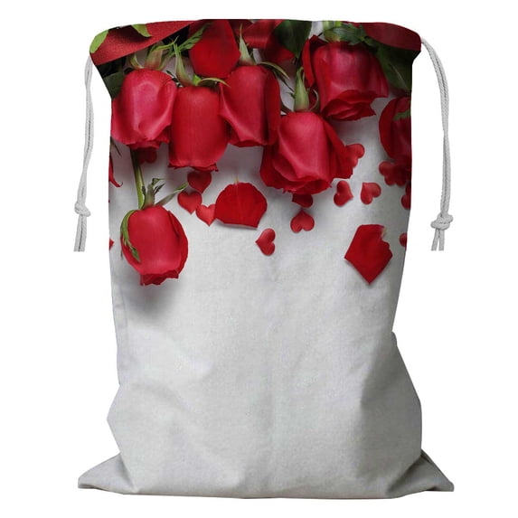 PKQWTM Red Roses Heart Shape Ornaments White Storage Basket Laundry Bag with Drawstring Size 24x32 Inch