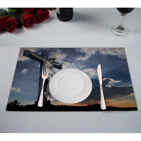 PKQWTM Representation Of Crucifixion On Top Of Golgotha Kitchen Dining Table Mats Placemats Size 12x18 Inches, Set of 2 Pieces