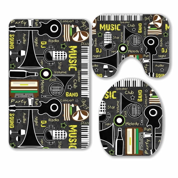 PKQWTM Retro Music 3 Piece Bathroom Rugs Set Bath Rug Contour Mat and Toilet Lid Cover
