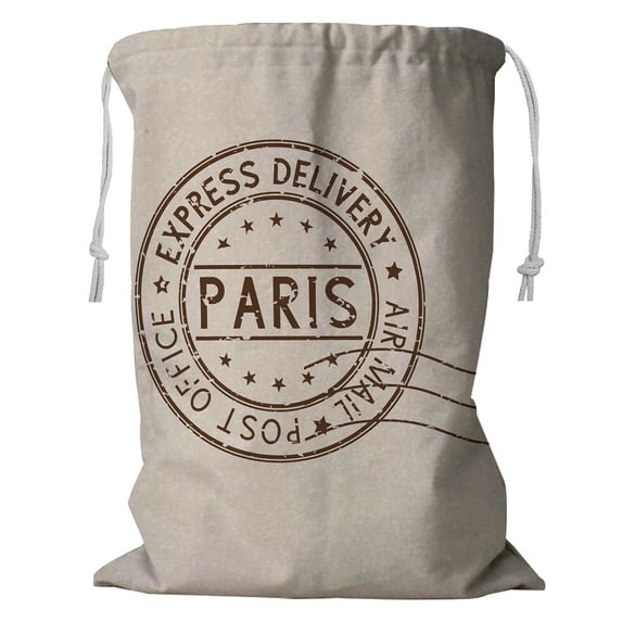 PKQWTM Round Brown Postmark Paris France Storage Basket Laundry Bag with Drawstring Size 24x32 Inch