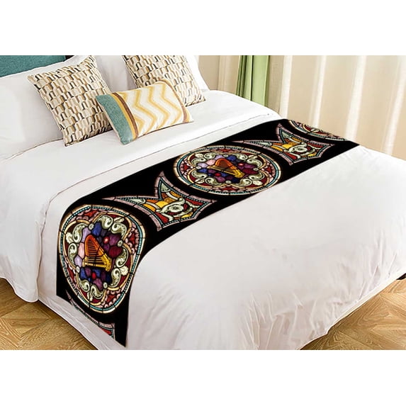 PKQWTM Round stained glass window harp Psalms Bed Runner Bedroom Bedding Decor Bedding Scarf Size 20x95 inches