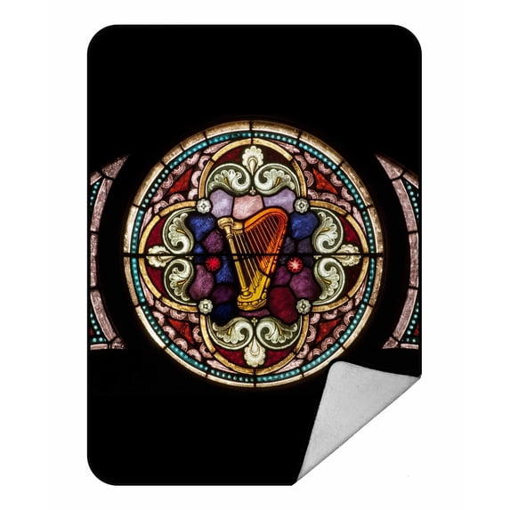 PKQWTM Round stained glass window harp Psalms Blanket Crystal Velvet Throw Bed Blanket 58x80 inches