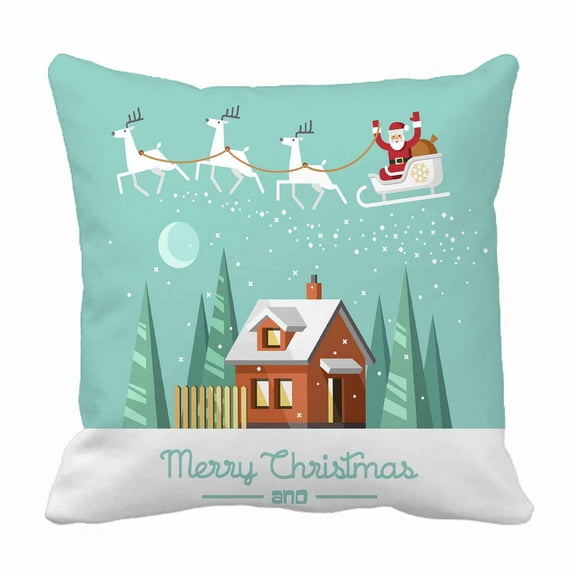 PKQWTM Santa Claus Reindeers Winter House Christmas Flat Bed Decor Pillow Cases Zippered Cushion Cover Size 20x20 Inches