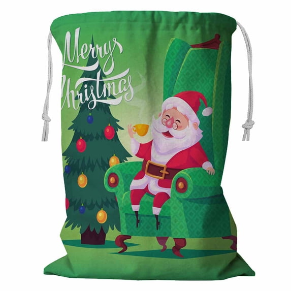 PKQWTM Santa Claus sitting in chair drinking tea Merry Christmas Storage Basket Laundry Bag with Drawstring Size 18x24 Inch