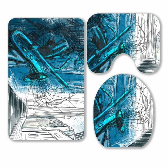 PKQWTM Saxophone Player Musician Night Street 3 Piece Bathroom Rugs Set Bath Rug Contour Mat and Toilet Lid Cover