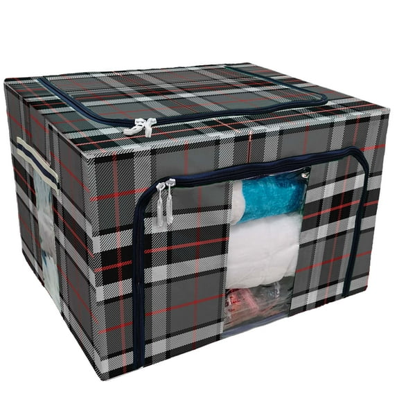 PKQWTM Scottish Tartan Black Gray And White Storage Bag Clear Window Storage Bins Boxes Large Capacity Foldable Stackable Organizer With Steel Metal Frame For Bedding,Clothes,Closets, Bedrooms