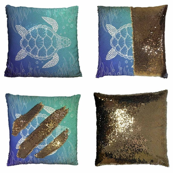 PKQWTM Sea Turtle In Line Reversible Mermaid Cushion Cover Home Decor Sequin Pillow Case Size 16x16 inches