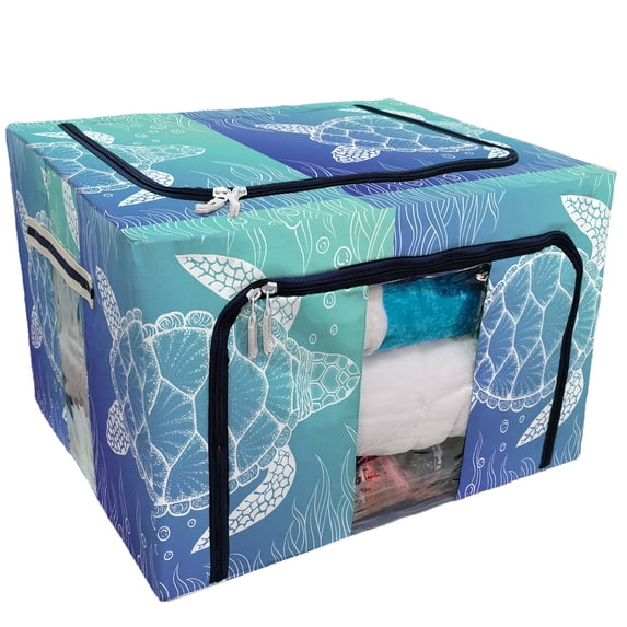 PKQWTM Sea Turtle In Line Storage Bag Clear Window Storage Bins Boxes Large Capacity Foldable Stackable Organizer With Steel Metal Frame For Bedding,Clothes,Closets, Bedrooms