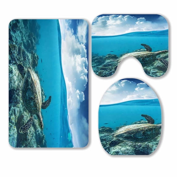 PKQWTM Sea Turtle Loggerhead Floating Over Corals Tropical Paradise 3 Piece Bathroom Rugs Set Bath Rug Contour Mat and Toilet Lid Cover