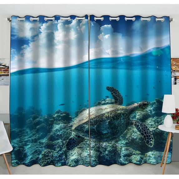 PKQWTM Sea Turtle Loggerhead Floating Over Corals Tropical Paradise Practical heat insulation Shading Window Curtain Size 52(W)x84(H) inches(Two Piece)