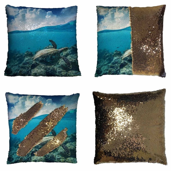 PKQWTM Sea Turtle Loggerhead Floating Over Corals Tropical Paradise Reversible Mermaid Cushion Cover Home Decor Sequin Pillow Case Size 20x20 inches