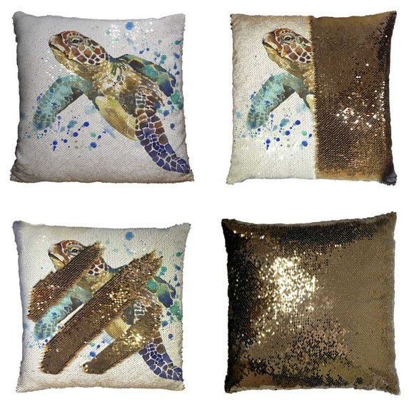 PKQWTM Sea Turtle Splash Reversible Mermaid Cushion Cover Home Decor Sequin Pillow Case Size 16x16 inches