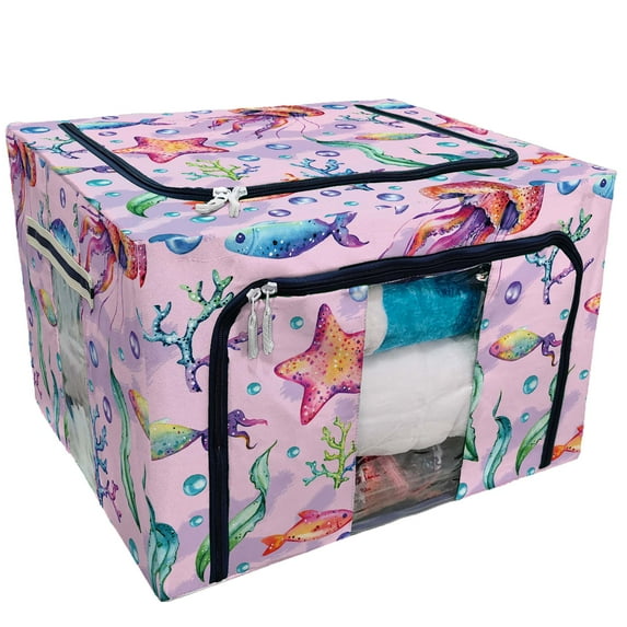 PKQWTM Seashell Starfish Watercolor Jellyfish Storage Bag Clear Window Storage Bins Boxes Large Capacity Foldable Stackable Organizer With Steel Metal Frame For Bedding,Clothes,Closets, Bedrooms