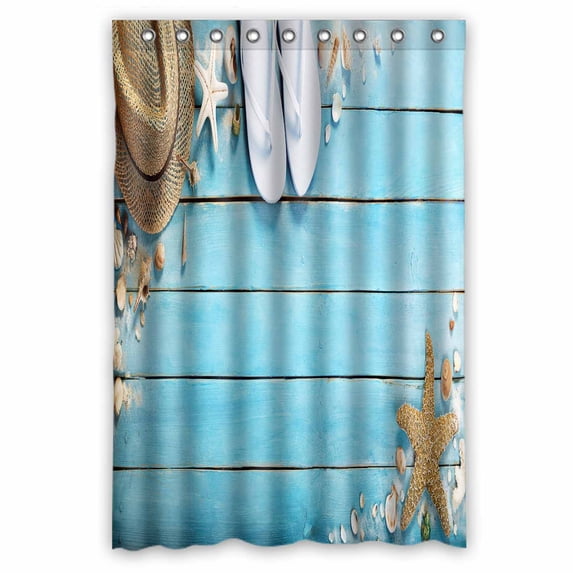 PKQWTM Seashells Blue Wooden Plank Straw Hat Flip Flop Summer Holiday WaterProof Polyester Fabric Shower Curtain Size 48x72 Inches