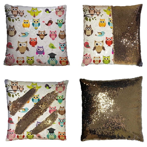 PKQWTM Set Of Owls Reversible Mermaid Cushion Cover Home Decor Sequin Pillow Case Size 18x18 inches