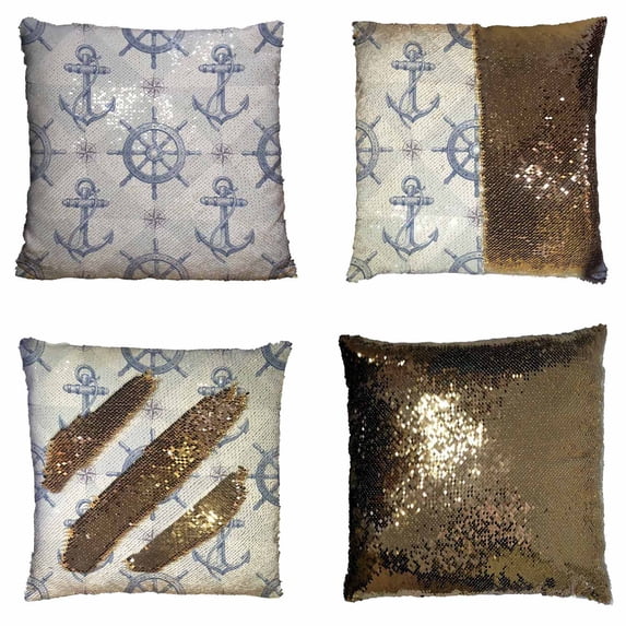 PKQWTM Ship Steering Wheel And Anchor Reversible Mermaid Cushion Cover Home Decor Sequin Pillow Case Size 16x16 inches