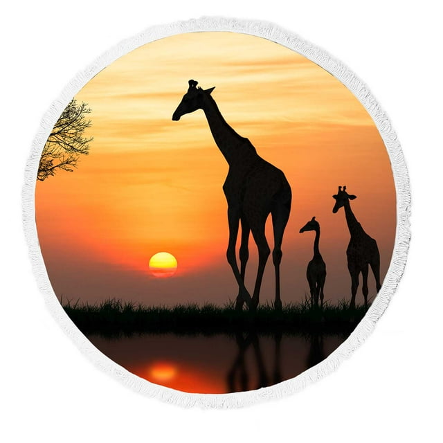 PKQWTM Silhouette Of Giraffe With Reflection In Water Round Beach Towel Beach Mats Shawl Blanket Yoga Mat with Tassels Beach Throw Towel