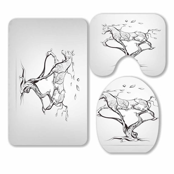 PKQWTM Silhouette Running Horse Tree 3 Piece Bathroom Rugs Set Bath Rug Contour Mat and Toilet Lid Cover