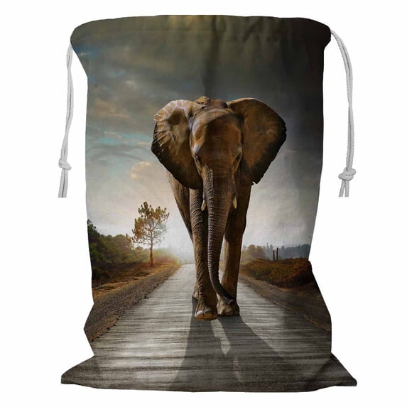 PKQWTM Single elephant walking in a road with the Sun Storage Basket Laundry Bag with Drawstring Size 24x32 Inch