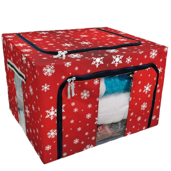 PKQWTM Snowflake Pattern Storage Bag Clear Window Storage Bins Boxes Large Capacity Foldable Stackable Organizer With Steel Metal Frame For Bedding,Clothes,Closets, Bedrooms