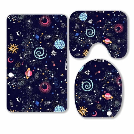 PKQWTM Space Galaxy constellation 3 Piece Bathroom Rugs Set Bath Rug Contour Mat and Toilet Lid Cover