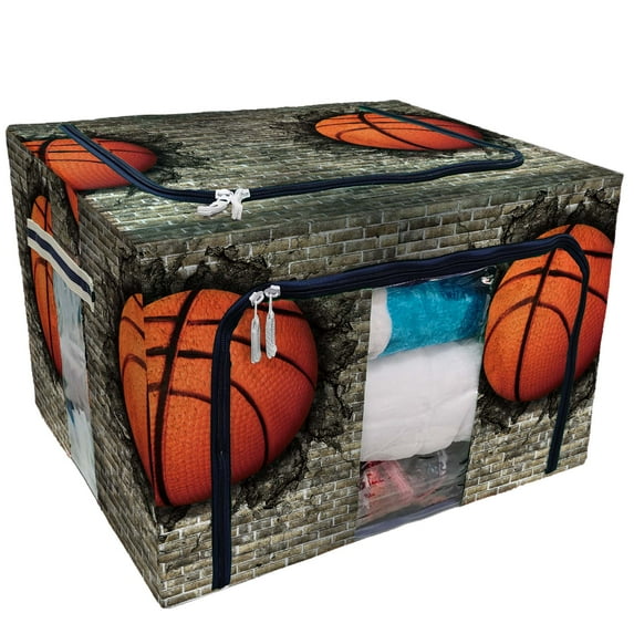 PKQWTM Sports Retro Basketball Embedded in a Brick Wall Storage Bag Clear Window Storage Bins Boxes Large Capacity Foldable Stackable Organizer With Steel Metal Frame For Clothes,Closets, Bedrooms