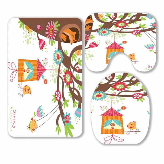 PKQWTM Spring Floral Birds 3 Piece Bathroom Rugs Set Bath Rug Contour Mat and Toilet Lid Cover