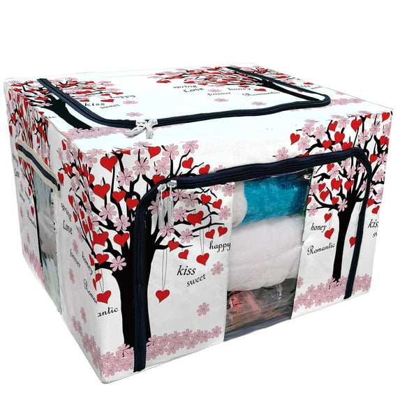 PKQWTM Spring Tree of Love Pink Red Valentine's Day Storage Bag Clear Window Storage Bins Boxes Large Capacity Foldable Stackable Organizer With Steel Metal Frame For Bedding,Clothes,Closets, Bedrooms