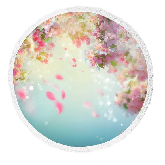 PKQWTM Spring cherry blossom wedding falling petals Round Beach Towel Beach Mats Shawl Blanket Yoga Mat with Tassels Beach Throw Towel