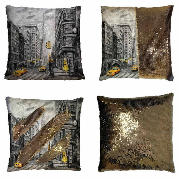 PKQWTM Street New York Man Woman Yellow Taxi American City Reversible Mermaid Cushion Cover Home Decor Sequin Pillow Case Size 18x18 inches