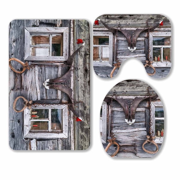 PKQWTM Styled Cowboy Horns 3 Piece Bathroom Rugs Set Bath Rug Contour Mat and Toilet Lid Cover