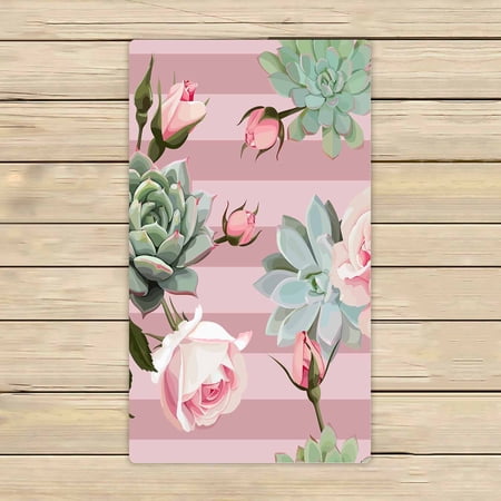 PKQWTM Succulents Roses Floral Ornament With Dusty Pink Stripes Microfiber Bath Towels Bathroom Body Shower Towel Size 16x28 Inches