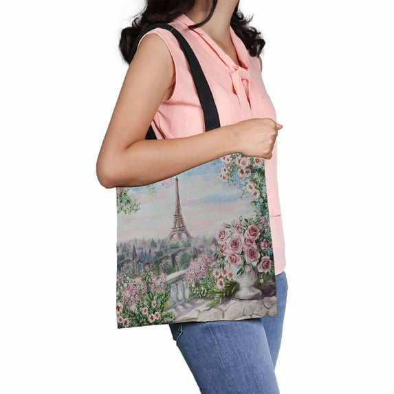 PKQWTM Summer In Paris Gentle City Landscape Flower Rose Leaf Canvas Shoulder Bags Handbags Tote Bags Shopping Bag
