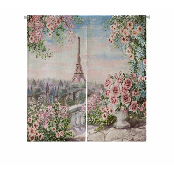 PKQWTM Summer In Paris Gentle City Landscape Flower Rose Leaf Door Curtain Window Cover Home Decor Hanging Curtain Size 85x90 CM