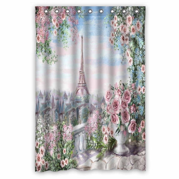 PKQWTM Summer In Paris Gentle City Landscape Flower Rose Leaf WaterProof Polyester Fabric Shower Curtain Size 48x72 Inches