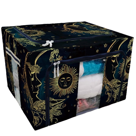 PKQWTM Sun and Moon Stars Starry Night Storage Bag Clear Window Storage Bins Boxes Large Capacity Foldable Stackable Organizer With Steel Metal Frame For Bedding,Clothes,Closets, Bedrooms