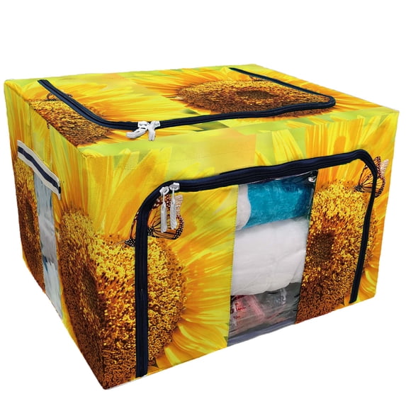 PKQWTM Sunflower and monarch butterflies Storage Bag Clear Window Storage Bins Boxes Large Capacity Foldable Stackable Organizer With Steel Metal Frame For Bedding,Clothes,Closets, Bedrooms