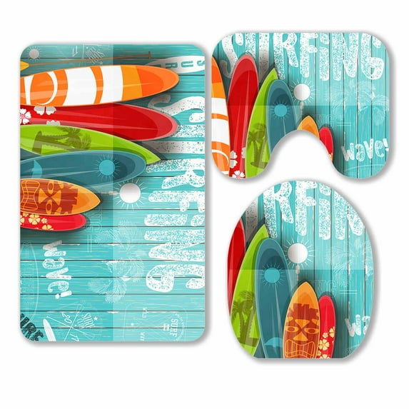 PKQWTM Surf Club Surfboards 3 Piece Bathroom Rugs Set Bath Rug Contour Mat and Toilet Lid Cover