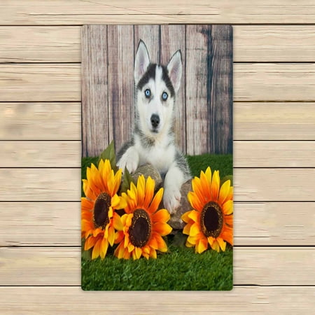 PKQWTM Sweet Husky Puppy Laying Grass Sunflowers Around Her Microfiber Bath Towels Bathroom Body Shower Towel Size 16x28 Inches