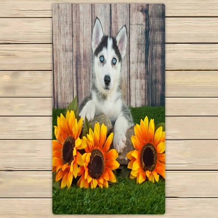 PKQWTM Sweet Husky Puppy Laying Grass Sunflowers Around Her Microfiber Bath Towels Bathroom Body Shower Towel Size 30x56 Inches