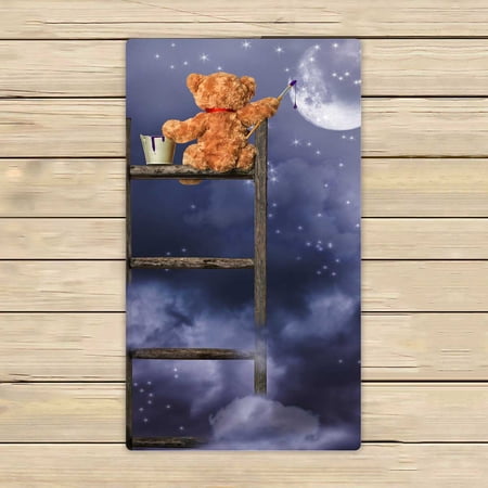 PKQWTM Teddy Bear Sitting On Ladder Painting Night Sky Microfiber Bath Towels Bathroom Body Shower Towel Size 16x28 Inches
