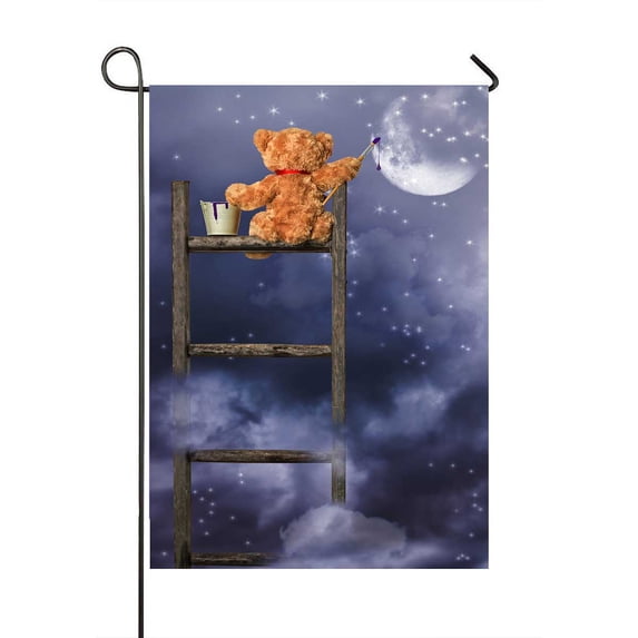 PKQWTM Teddy Bear Sitting On Ladder Painting Night Sky Yard Decor Home Garden Flag Size 28x40 Inches